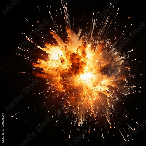 Fiery bomb explosion with sparks isolated on black background, ai technology
