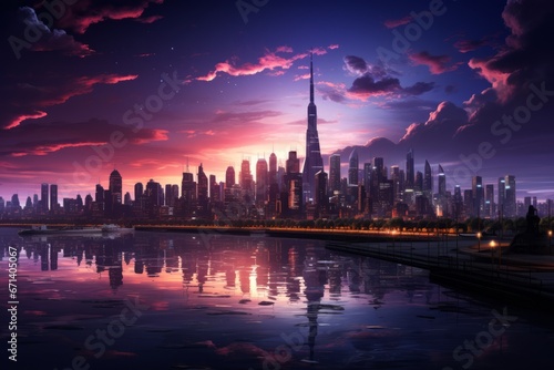 Sci-fi cityscape futuristic skyline neon lights