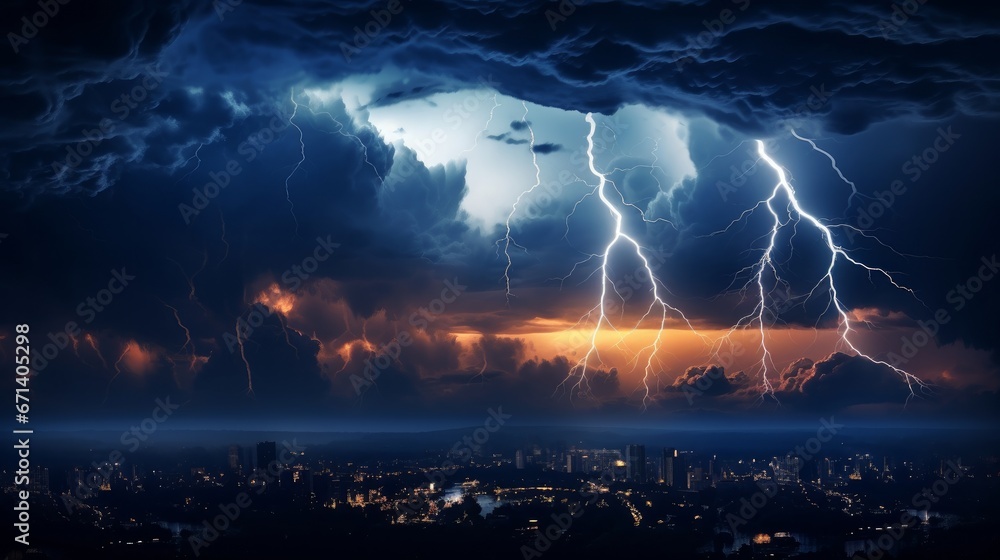 A burst of lightning illuminates the night sky in the middle of a storm, representing various weather phenomena and natural disasters such as hurricanes, typhoons, and thunderstorms.
