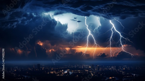 A burst of lightning illuminates the night sky in the middle of a storm, representing various weather phenomena and natural disasters such as hurricanes, typhoons, and thunderstorms.