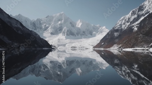 Himalaya Mountains covered in snow and ice, mountain lake in the foreground, reflecting the peaks professional photography