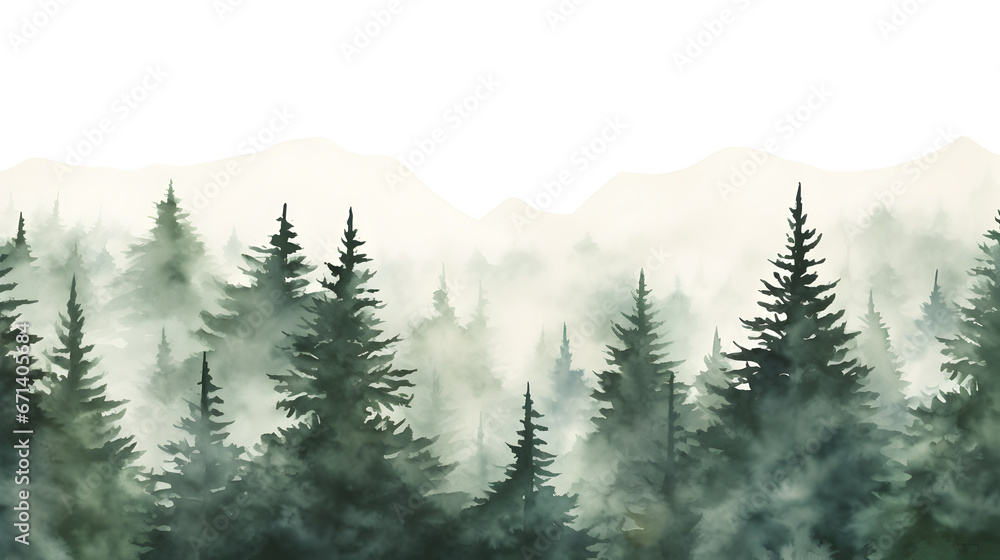 Plakat Watercolor green landscape of foggy forest hill. Evergreen coniferous trees. Wild nature, frozen, misty, taiga. Horizontal watercolor background.Hand painted watercolor illustration of misty forest