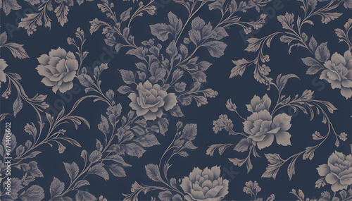 This mural wallpaper features a large-scale pattern of thorn roses on a dark blue background. The flowers are a variety of shapes and sizes