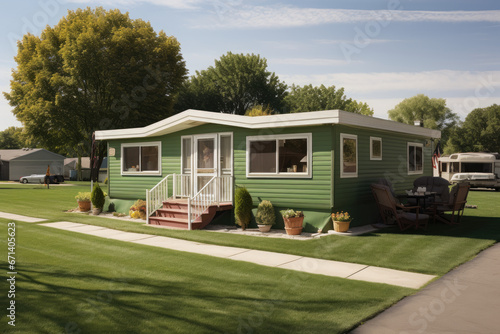 mobile home located within a community designed for retired individuals with grass lawn