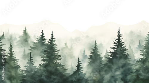 Foto Watercolor green landscape of foggy forest hill
