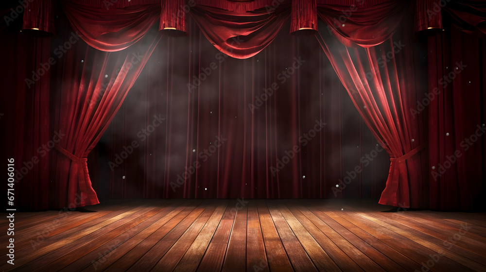 Magic theater stage red curtains Show Spotlight, copy space, empty room - obrazy, fototapety, plakaty 