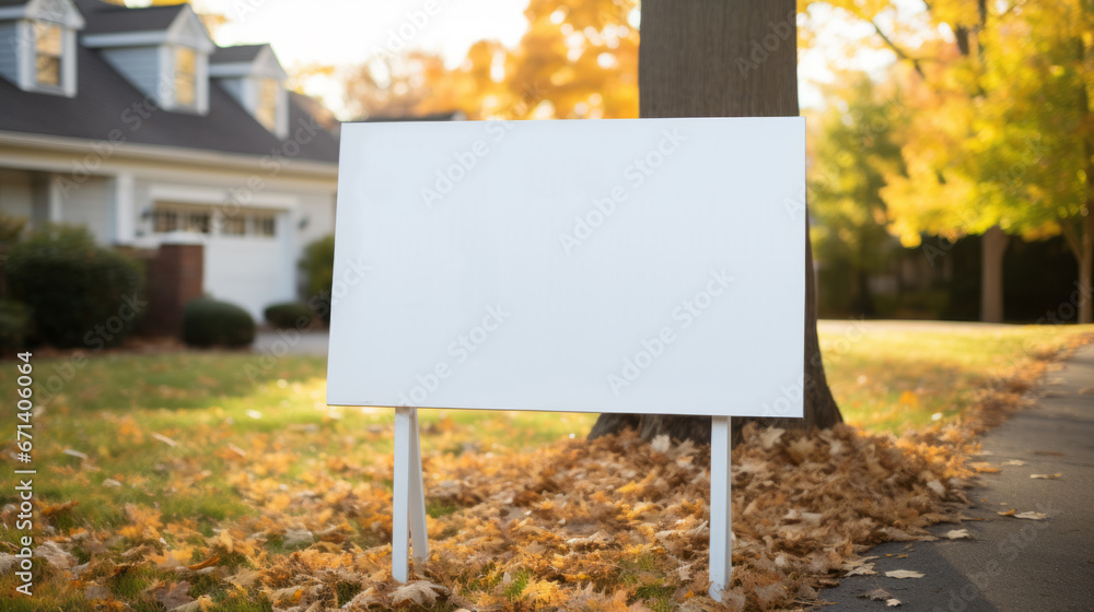 Mock-up empty yard sign placed in front of a house, demonstrating its application as a "For Sale" or political message sign. - obrazy, fototapety, plakaty 