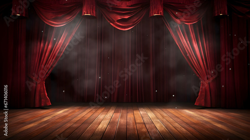 Magic theater stage red curtains Show Spotlight, copy space, empty room