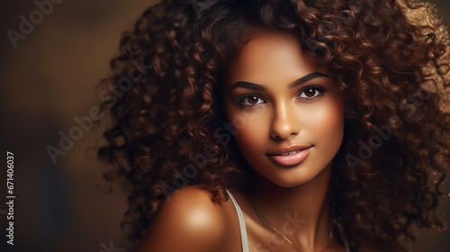 Portrait of beautiful, brunette, curly-haired young African model woman. Dark skin and perfect smile.