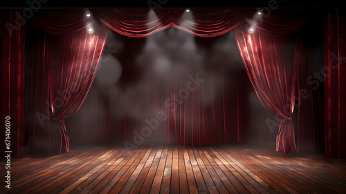 Magic theater stage red curtains Show Spotlight, copy space, empty room