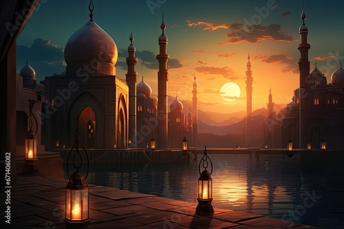 Illustration of the Glowing Month of Ramadan with a Reflective Mosque Silhouette