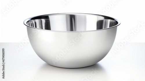 A stainless steel mixing bowl with a shiny finish, highlighting its practicality and modern design, against a flawless white background.