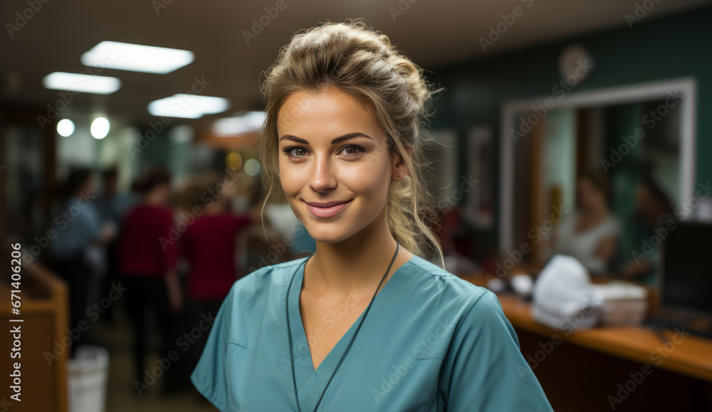 Happy young nurse posing in hospital reception. Medical concept.