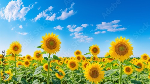 A sprawling field of sunflowers  their yellow heads turned towards the sun  against a clear blue sky.