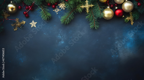 Christmas decoration on dark blue background, Christmas background with fir tree and decor. Top view with copy space