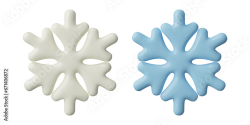 White and blue snowflakes minimal 3d icons. Realistic winter holiday decoration. Glossy plastic three dimensional weather design element on white background. Vector illustration.
