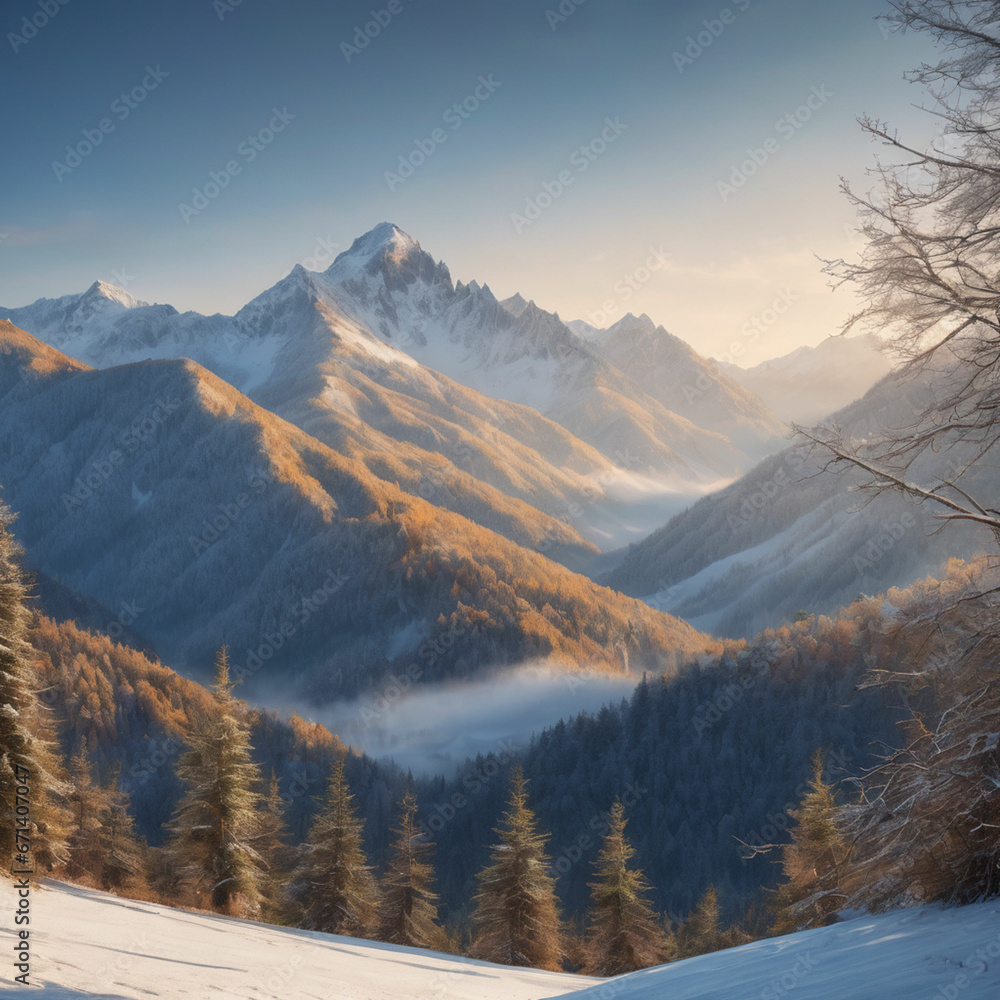 Christmas mountains and branches background