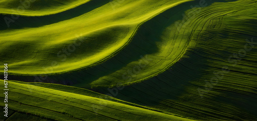 spring landscape, geometric abstract shapes of green meadows