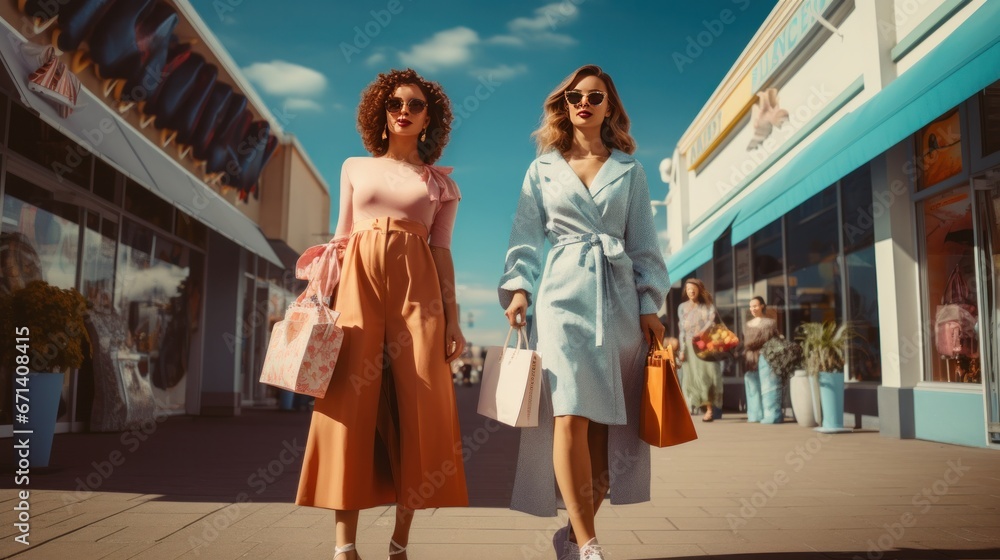 Two girlfriends walking on the street with bags while shopping. two happy girlfriends. shopping concept