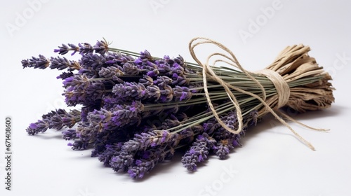 A tied bundle of dried lavender stems, their purple flowers contrasting against the pure white backdrop.