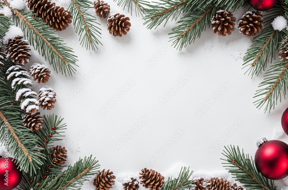 A Christmas Flat Lay: Pine, Cones, and Snow A Christmas Flat Lay: Pine, Cones, and Snow