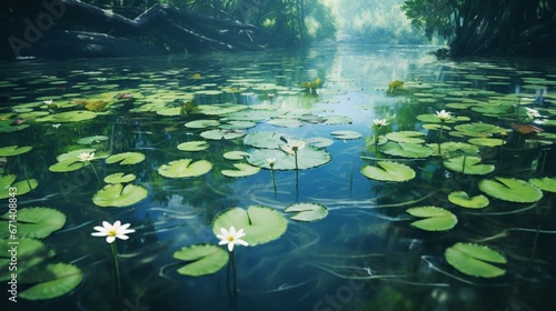 A tranquil pond filled with water lilies, their broad leaves floating gracefully on the water's surface. photo