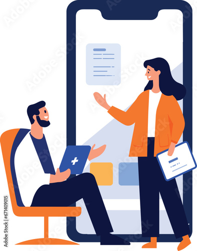 Hand Drawn Doctor and patient characters with smartphone in online medicine concept in flat style