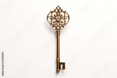 golden vintage skeleton key on white background 