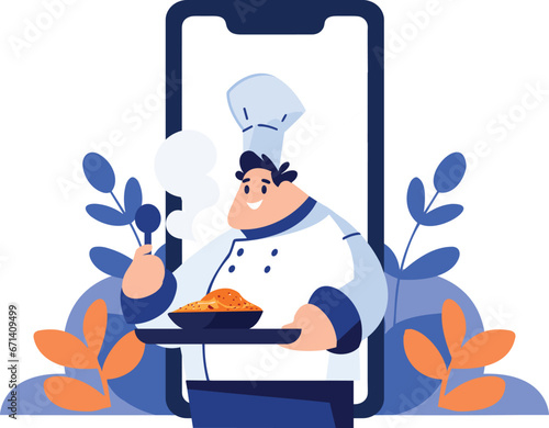 Hand Drawn Chef character teaching cooking in the concept of teaching online cooking in flat style