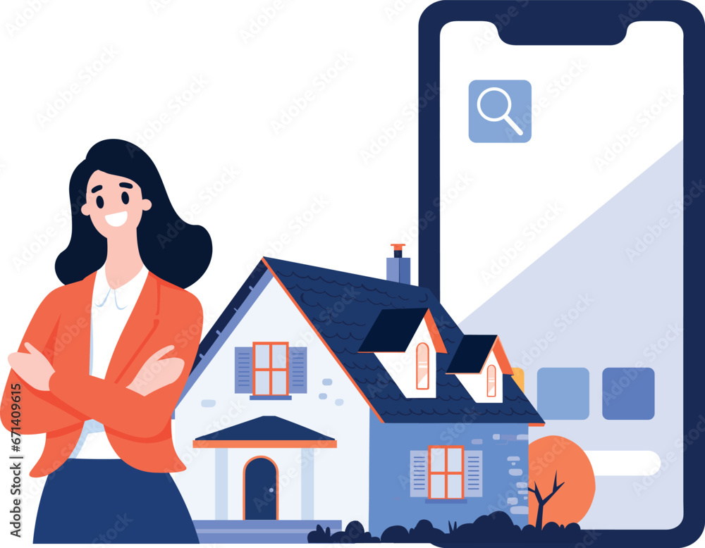 Hand Drawn House broker character with smartphone In Concept Real Estate Online in flat style Hand Drawn House broker character with smartphone In Concept Real Estate Online in flat style