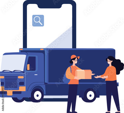 Hand Drawn Delivery man character with truck In the concept of online delivery in flat style