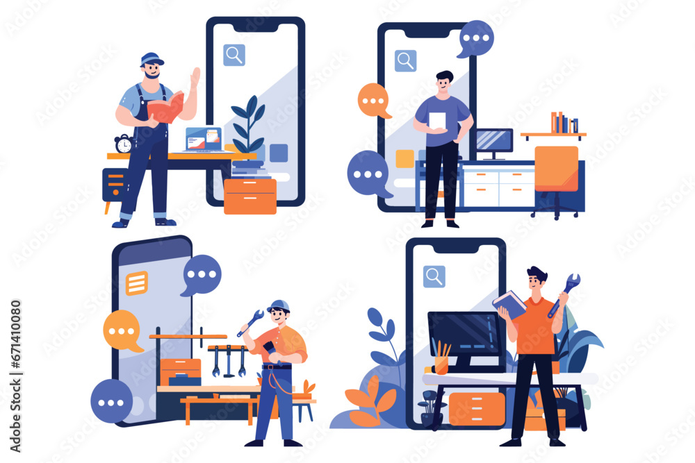 Hand Drawn Engineer or repairman character with smartphone in online repair concept in flat style Hand Drawn Engineer or repairman character with smartphone in online repair concept in flat style