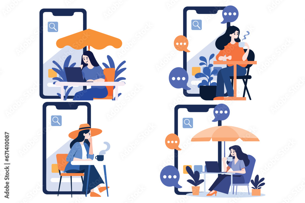 Hand Drawn Freelance female character sitting and working online In the concept of working online in flat style