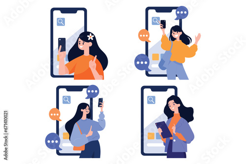 Hand Drawn Female character talking with smartphone in online communication concept in flat style © toonsteb