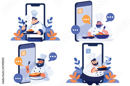 Hand Drawn Chef character teaching cooking in the concept of teaching online cooking in flat style
