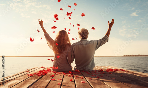verliebtes Paar wirft Rosenblätter photo