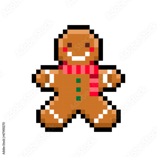 Pixel gingerbread man isolated on white background. New year cookies icon. Vector pixel art illustration of Christmas elements in 16-bit old style.