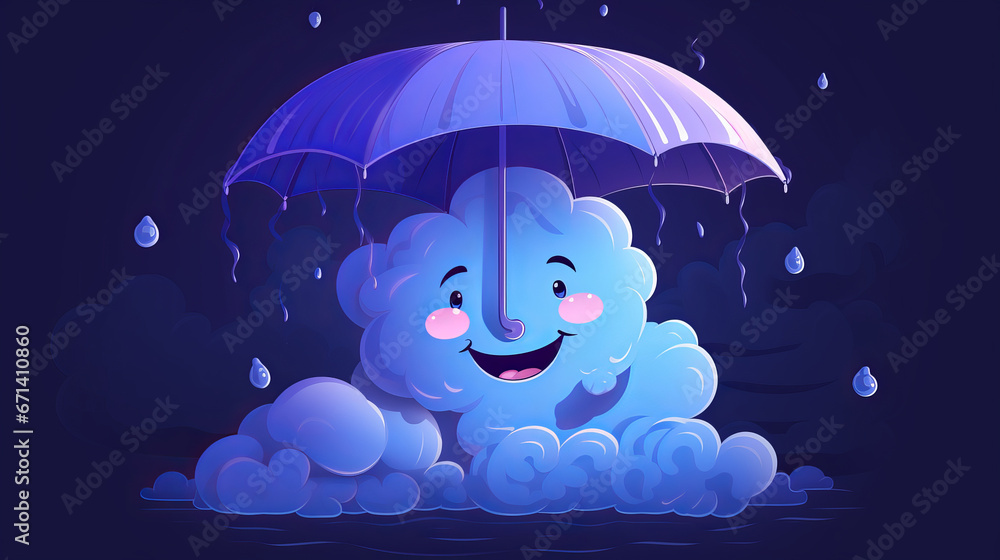Funny cheerful rain cloud taking cover beneath umbrella, cute cloud exudes sense of fun, childlike cute illustration of that even rainy days can be filled with joy and happiness Funny cheerful rain cloud taking cover beneath umbrella, cute cloud exudes sense of fun, childlike cute illustration of that even rainy days can be filled with joy and happiness