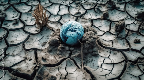 A blue globe is placed in a cracked earth.