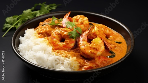 Shrimp masala fish curry Chemmeen curry in coconut milk tiger Prawns balchao Curry. Spicy Kerala fish curry Indian seafood non veg food side dish rice appam Goan Tamil Nadu Bengal Sri Lankan photo