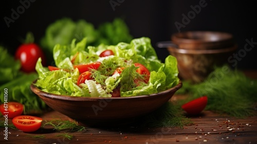 Fresh salad greens of lettuce with spices and fresh vegetables.Vegetarian and healthily cooking concept.Copy space.selective focus
