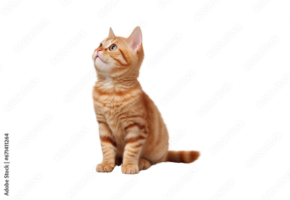 Obraz premium Ginger tabby young cat sitting on a wooden floor looks up, asks for food
