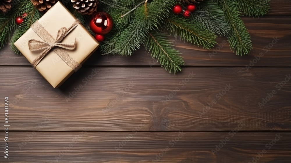 Christmas gift box, food decor and fir tree branch on wooden table. Top view with copy space Christmas gift box, food decor and fir tree branch on wooden table. Top view with copy space