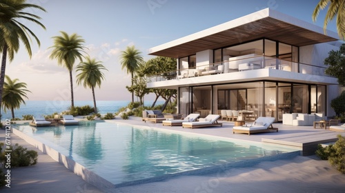 Luxury beach house with sea view swimming pool and terrace in modern design. 3d illustration of contemporary holiday villa exterior. © HN Works