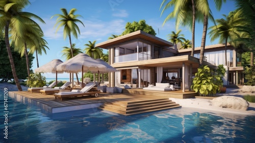 Luxury villa with dock perfect for summer vacation. Beautiful villa for relaxing summer vacation. modern villa on summer vacation. dreamy destination for summer vacation in villa