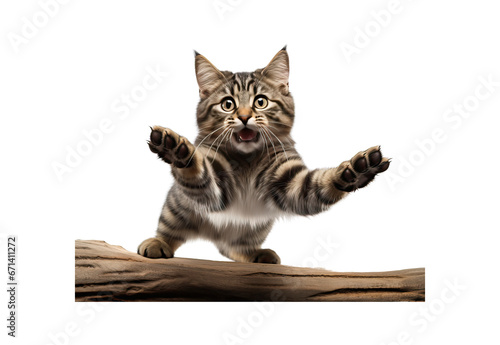 funny cat flying. photo of a playful tabby cat jumping mid-air looking