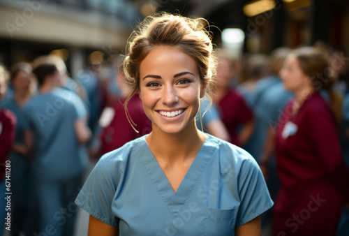 Portrait of young nurse. Smiling at camera outside of hospital. Medical staff concept.