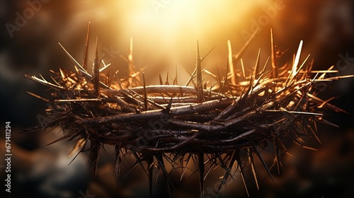 Photo Passion Of Jesus - Wooden Cross With Crown Of Thorns With Abstract Blurred Light