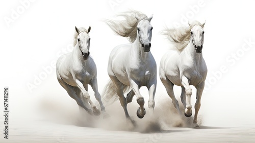 beautiful white arabian horses running over a white background
