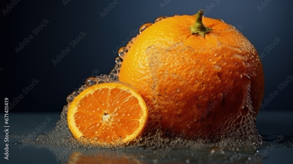 Orange Rottan Concept of stop food waste day. Moldy orange. Rottan moldy fruit. Mould ...